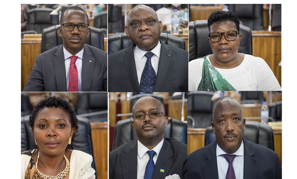 (L-R) Senators:  Evode Uwizeyimana Evode, Andre Twahirwa, Clotilde Mukakarangwa. (L-R) Epiphanie, Alexis Mugisha, Jean Pierre Dusingizemungu