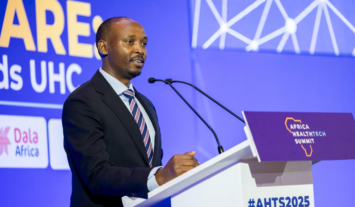 Health Minister Dr Sabin Nsanzimana delivers his remarks during the fourth edition of the Africa Health Tech Summit, taking place at Kigali Convention Centre from October 13-15. Photos by Craish Bahizi 