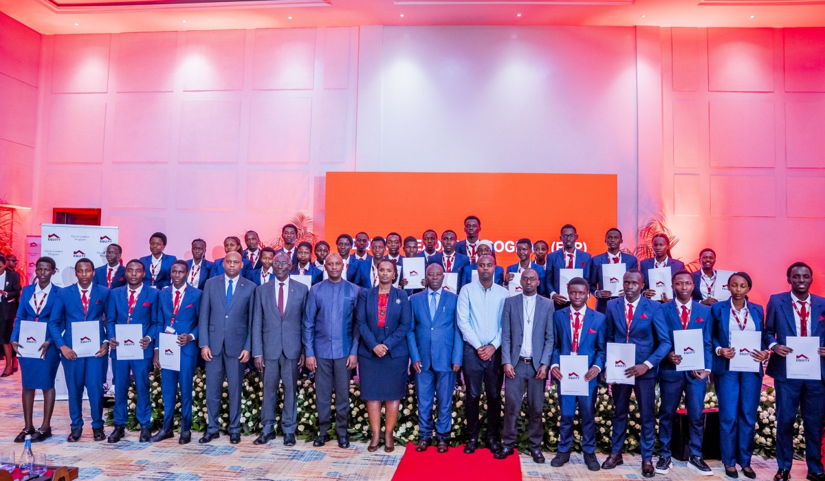 Equity Bank Rwanda officials pose for a group  photo with new scholars as the bank  commissioned a new cohort of 72 scholars, top-performing students from the 2024–25 secondary school academic year on Friday, October 10. Photos by Kellya Keza
