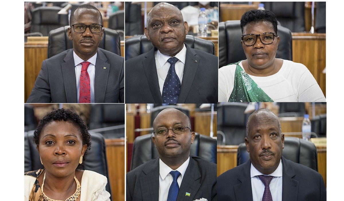 (L-R) Senators:  Evode Uwizeyimana Evode, Andre Twahirwa, Clotilde Mukakarangwa. (L-R) Epiphanie, Alexis Mugisha, Jean Pierre Dusingizemungu