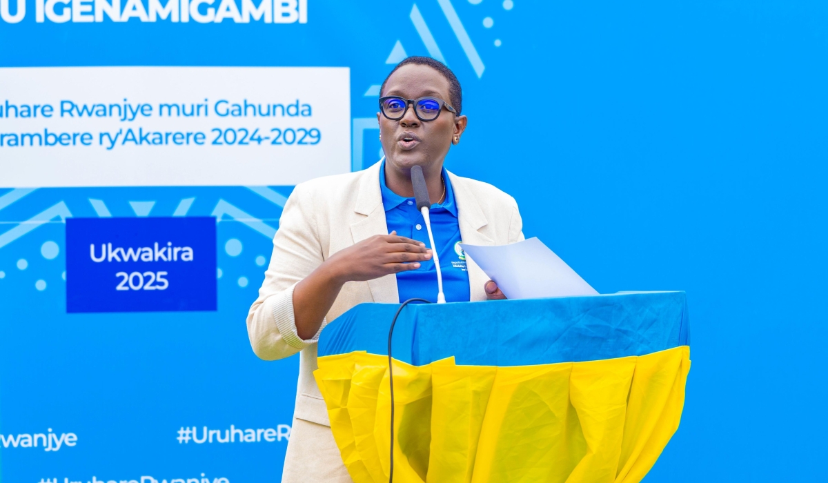 Minister Marie-Solange Kayisire addresses residents during the launch of the Citizen Participation in Planning and Budgeting for the 2026-27 fiscal year in Nyamagabe District on Tuesday, October 14. Courtesy