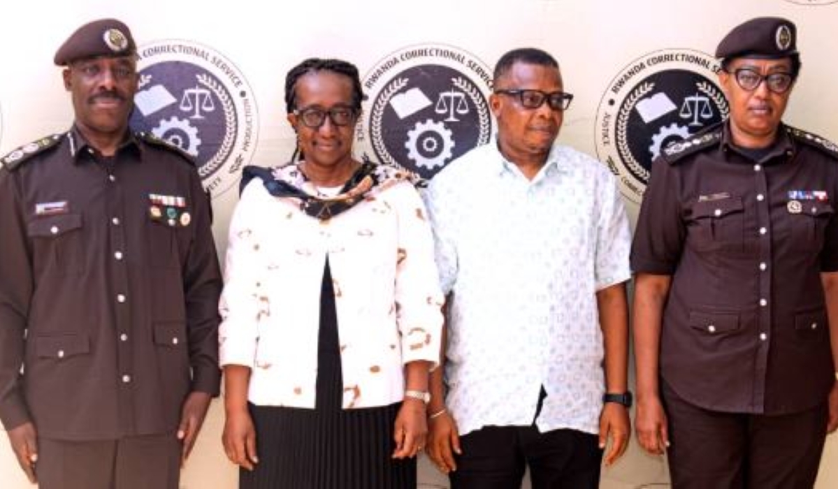 RCS Commissioner General Evariste Murenzi (left), Binta Mansary, Registrar of the Residual Special Court for Sierra Leone, and other officials pose for a photo on Wednesday, October 15. Courtesy of RCS.