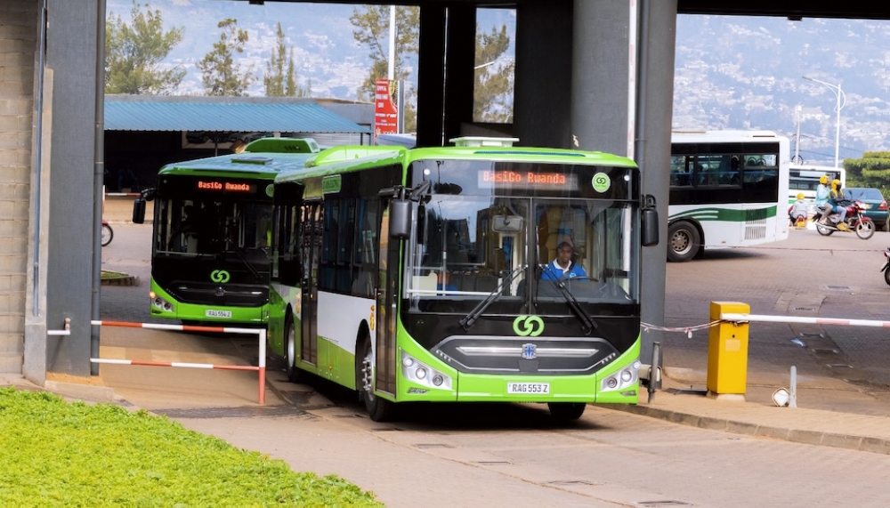Electric buses at Downtown Bus station in Kigali.  