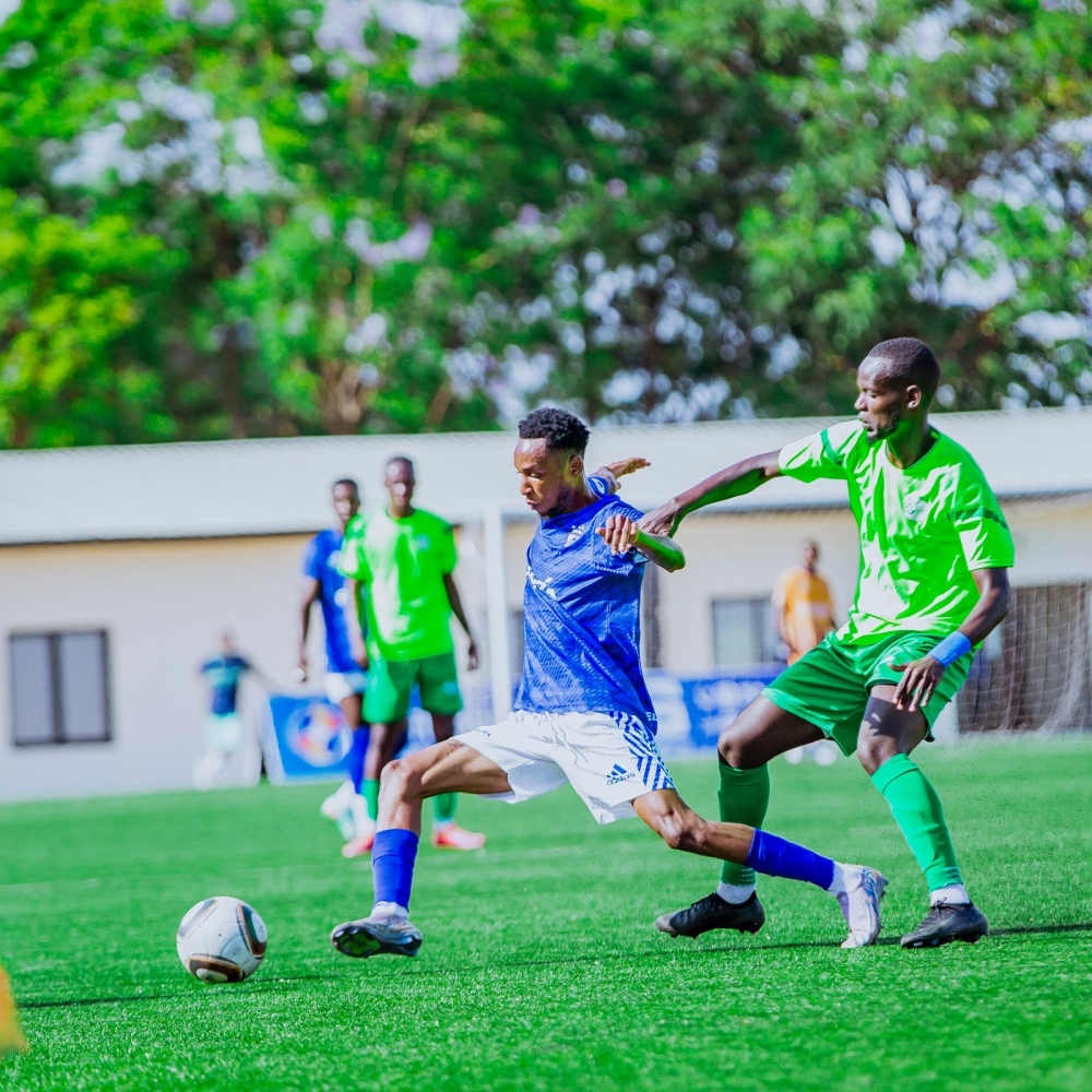 Gorilla FC players wins the ball against Gicumbi FC during a  goalless draw  on Friday afternoon, October 17, at Kigali Pele Stadium.
