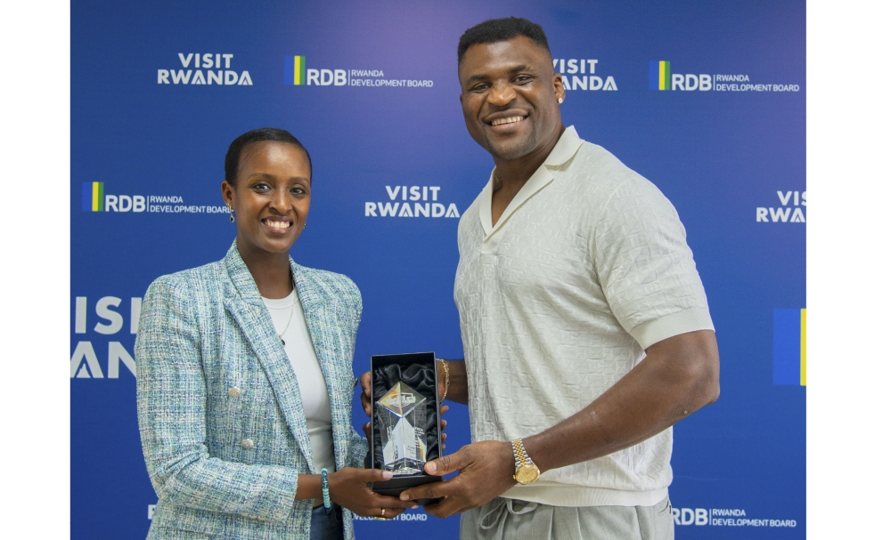 Sports Minister Nelly Mukazayire meets with Cameroon-born fighter and Professional Fighters League (PFL) Africa Chairman Francis Ngannou  in Kigali on Friday, October 17