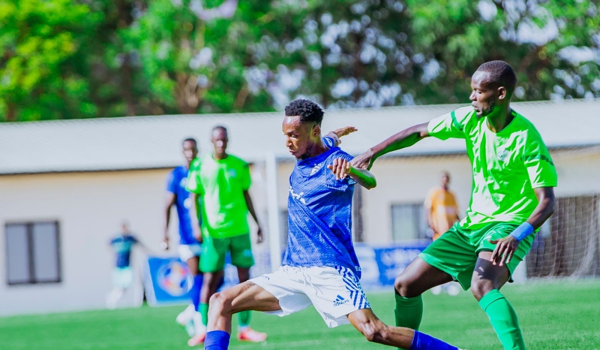 Gorilla FC players wins the ball against Gicumbi FC during a  goalless draw  on Friday afternoon, October 17, at Kigali Pele Stadium.