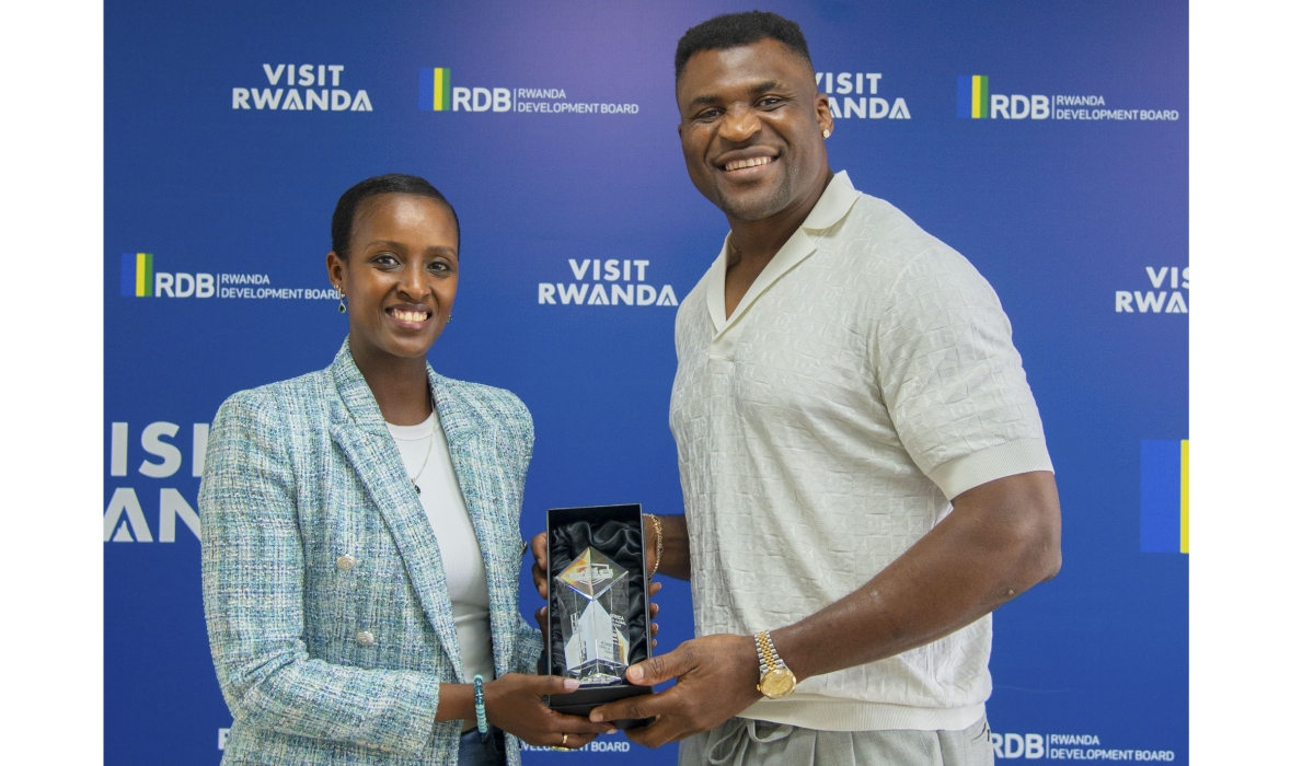 Sports Minister Nelly Mukazayire meets with Cameroon-born fighter and Professional Fighters League (PFL) Africa Chairman Francis Ngannou  in Kigali on Friday, October 17