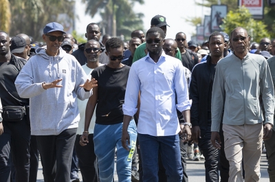 President Paul Kagame interacts with his Senegalese counterpart Bassirou Diomaye Faye at the Car Free Zone on Sunday, October 19. President Faye was in Rwanda for a three-day official visit. All photos by Village Urugwiro