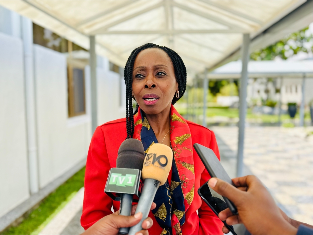 The Minister of Public Service and Labour, Christine Nkulikiyinka, speaks to journalists about the need for social security legislation reforms, on October 20, 2025, at parliamentary buildings (Emmanuel Ntirenganya)