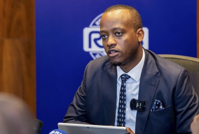 Regis Rugemanshuro, the chief executive at Rwanda Social Security Board, speaks to journalists during a press conference. File