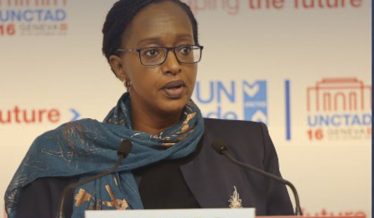 Ambassador Urujeni Bakuramutsa, delivers Rwanda’s statement at the 16th Session of the UNCTAD Ministerial Conference , in Geneva, on Tuesday, October 21. Courtesy