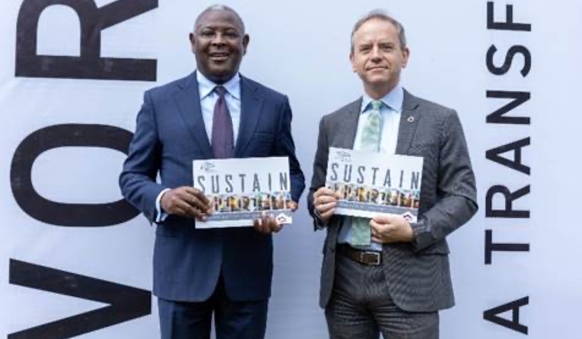 Equity Group CEO Dr. James Mwangi (left) and French Ambassador to Kenya Arnaud Suquet unveil the Group’s 2024 Sustainability Report, themed “A Sustainable World is a Transformed Africa.” Courtesy