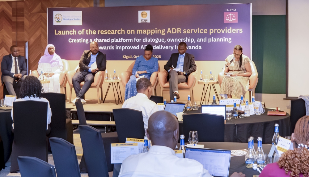 Panelists engage in a discussion as ILPD unveil Rwanda’s first-ever national research on the Mapping and Profiling of Alternative Dispute Resolution (ADR) Service Providers. Courtesy