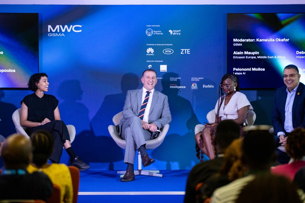 From left: Pelonomi Moiloa; Lelapa, CEO and co-founder; Alain Maupin, Vice President and Head of Customer Unit East and North Africa, Ericsson Europe, Middle East & Africa; Deborah Egbo, public health advocate; and Enzo Scarcella, MTN Group Consumer Executive, at the “Eliminating Bias: AI for Africa” panel.