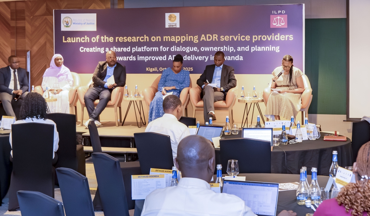 Panelists engage in a discussion as ILPD unveil Rwanda’s first-ever national research on the Mapping and Profiling of Alternative Dispute Resolution (ADR) Service Providers. Courtesy