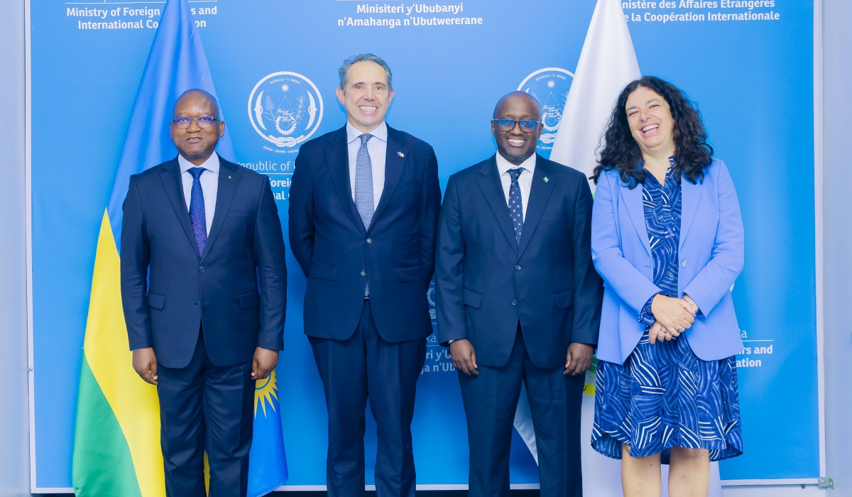 L-R: The Minister of Defence, Juvenal Marizamunda, EU envoy to the Great Lakes Region Johan Borgstam, Minister of Foreign Affairs and International Cooperation Olivier Nduhungirehe and EU Ambassador to Rwanda Belen Calvo Uyarra pose for a photo on Monday, October 23, in Kigali.