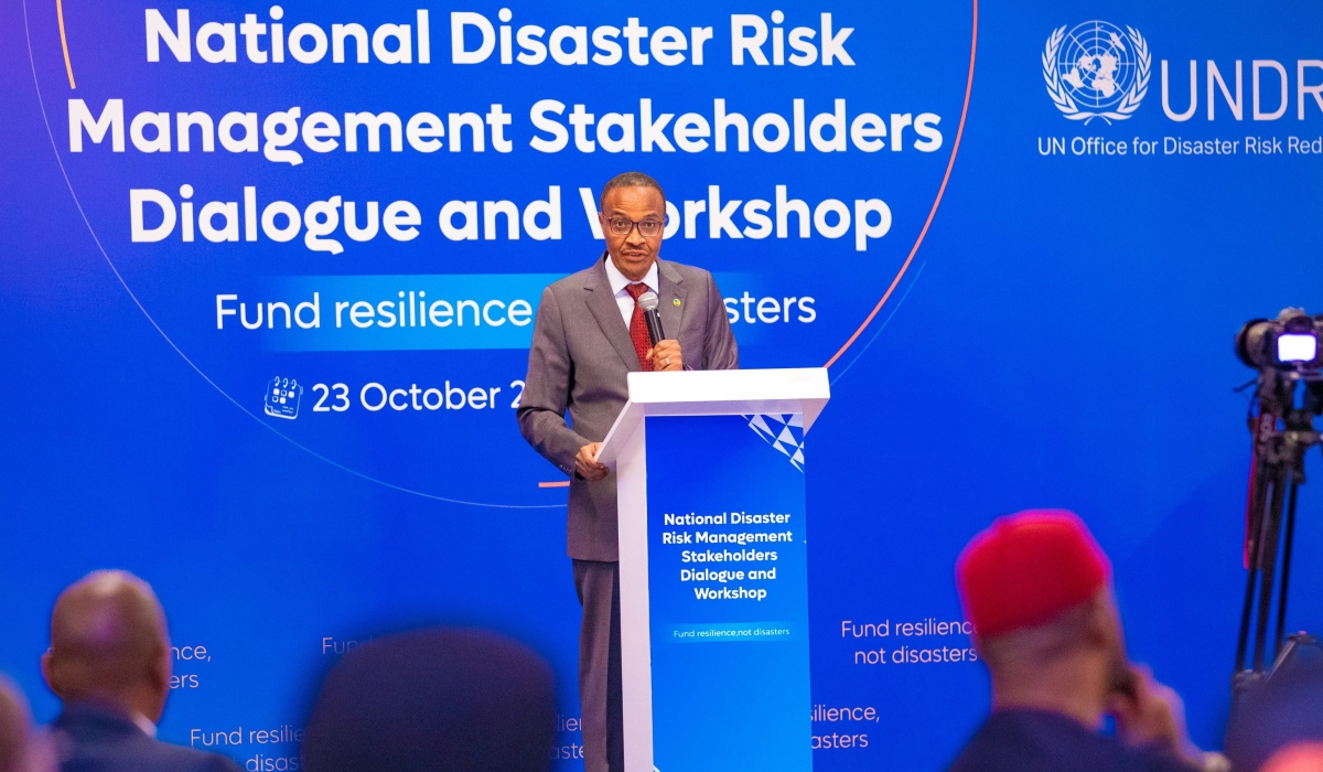 The Minister of Emergency Management, Maj Gen (Rtd) Albert Murasira addresses delegates  during the International Day for Disaster Risk Reduction, in Kigali on October 23. Courtesy