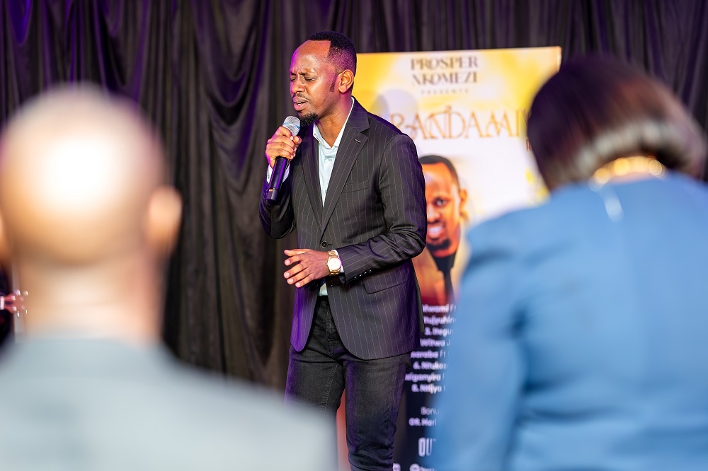 Rwanda’s celebrated gospel artiste Prosper Nkomezi performs at his event. His third studio album, Warandamiye, opened to a warm embrace and raised more than Rwf30 million during its launch gala at Ubumwe Grande Hotel on Friday, October 24. Courtesy