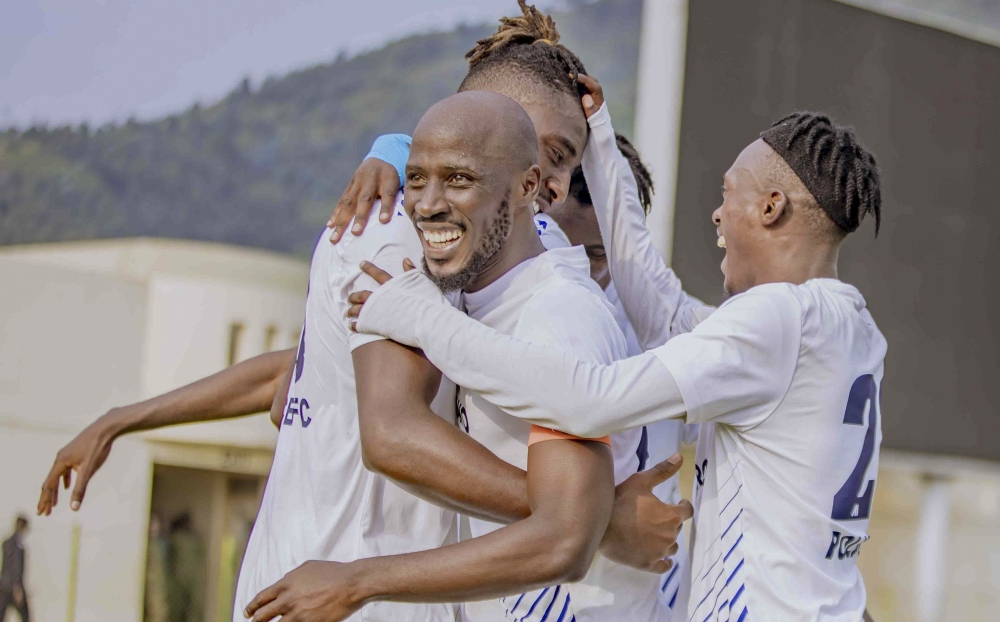 Police Fc player celebrate the victory as the team edged Marines FC 2-1 at Umuganda Stadium in Rubavu on Sunday. Courtesy