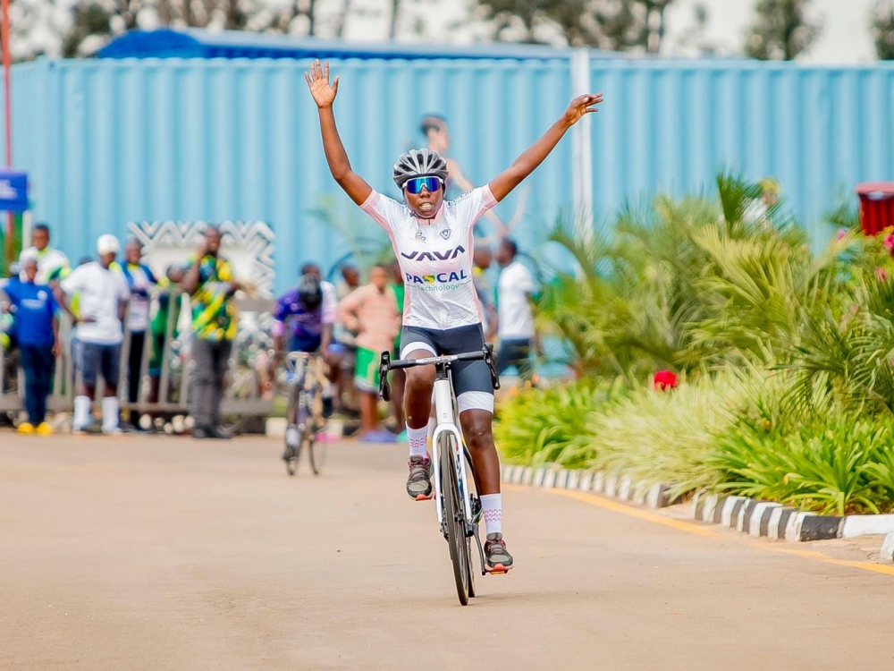 Donatha Akimana of Nyabihu Cycling Academy celebrates after winning the ninth edition of the 2025 Youth Race Cup at the Field of Dreams in Bugesera District on Sunday, October 26. Courtesy