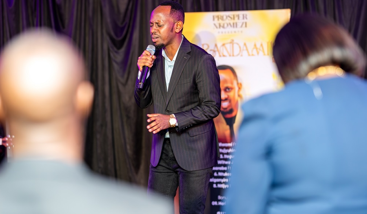 Rwanda’s celebrated gospel artiste Prosper Nkomezi performs at his event. His third studio album, Warandamiye, opened to a warm embrace and raised more than Rwf30 million during its launch gala at Ubumwe Grande Hotel on Friday, October 24. Courtesy