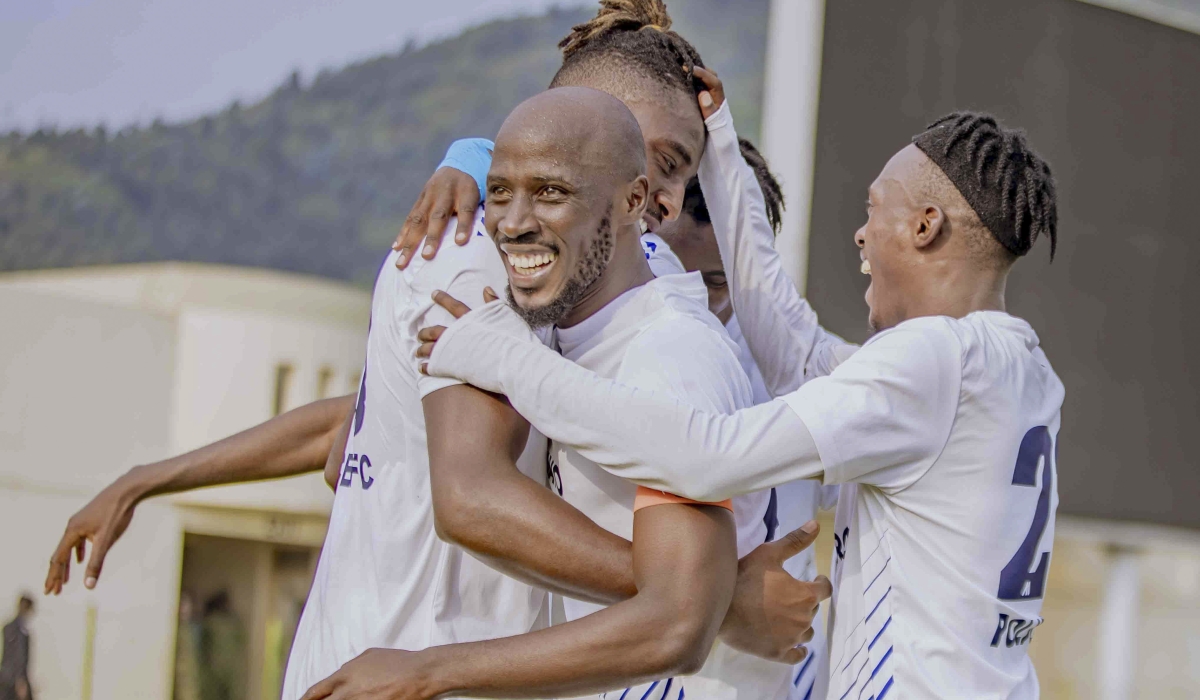 Police Fc player celebrate the victory as the team edged Marines FC 2-1 at Umuganda Stadium in Rubavu on Sunday. Courtesy