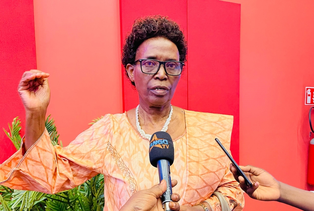Dorothée Uwimana, chairperson of Rwanda Pensioners&#039; Association, speaks to journalists after a joint press conference with Rwanda Social Security Board in Kigali. Emmanuel Ntirenganya