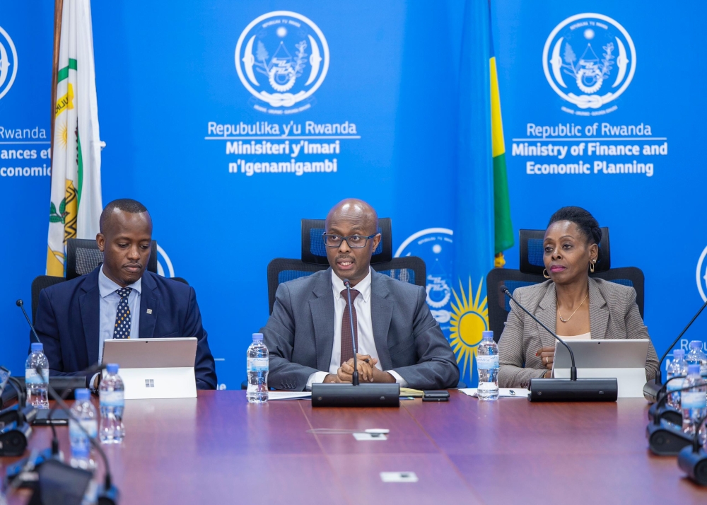 RSSB CEO Regis Rugemanshuro, Finance Minister Yusuf Murangwa and Minister of Public Service and Labour, Christine Nkulikiyinka during a past press conference on socio-security issues. File