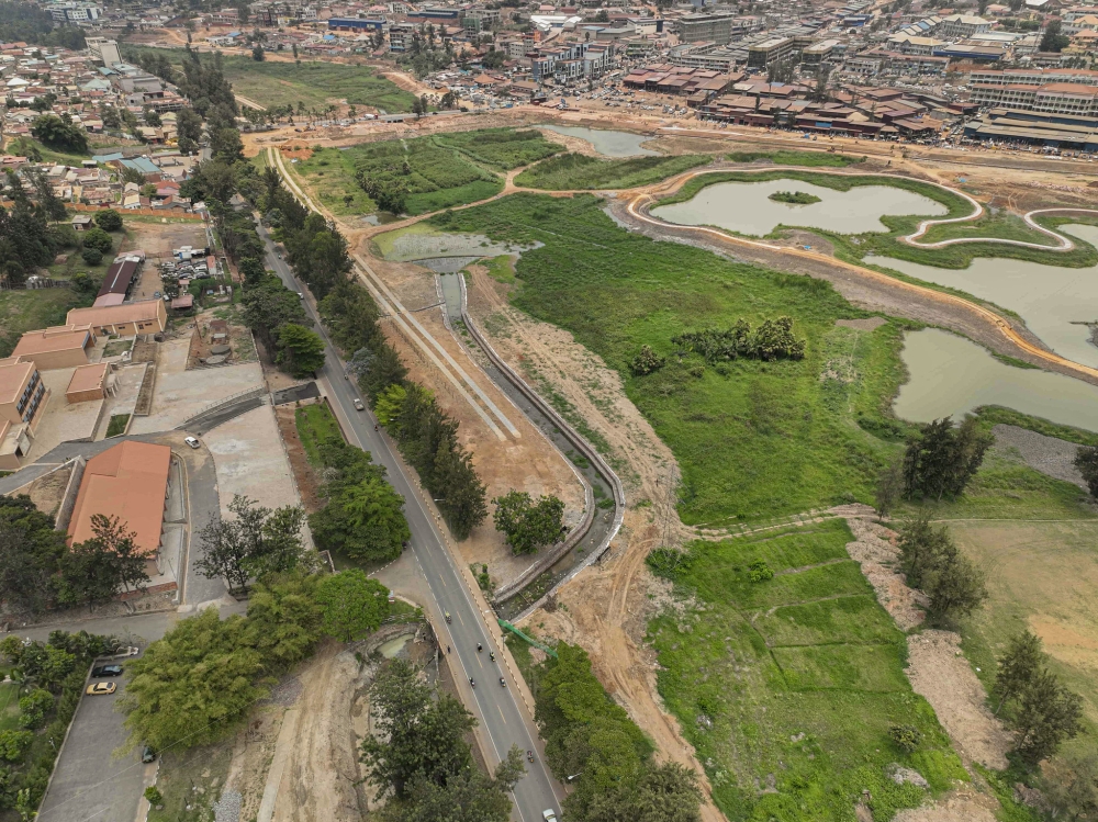 An aerial view of the ongoing rehabilitation works at Kibumba Wetland, located between Gisozi business centre, the former UTEXRWA premises, and the Rwanda Red Cross headquarters. Courtesy