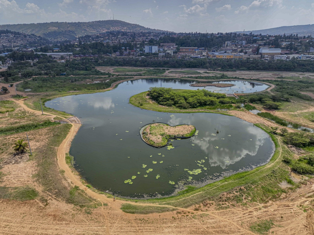 An aerial view of the ongoing rehabilitation works at Gikondo Wetland, formerly the Gikondo Industrial Park. The site will feature four artificial ponds and more than 1,560 newly planted trees as part of the restoration project. Courtesy