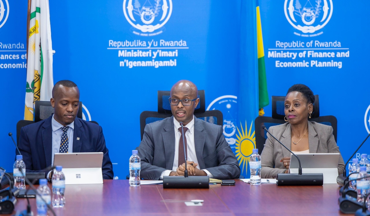 RSSB CEO Regis Rugemanshuro, Finance Minister Yusuf Murangwa and Minister of Public Service and Labour, Christine Nkulikiyinka during a past press conference on socio-security issues. File