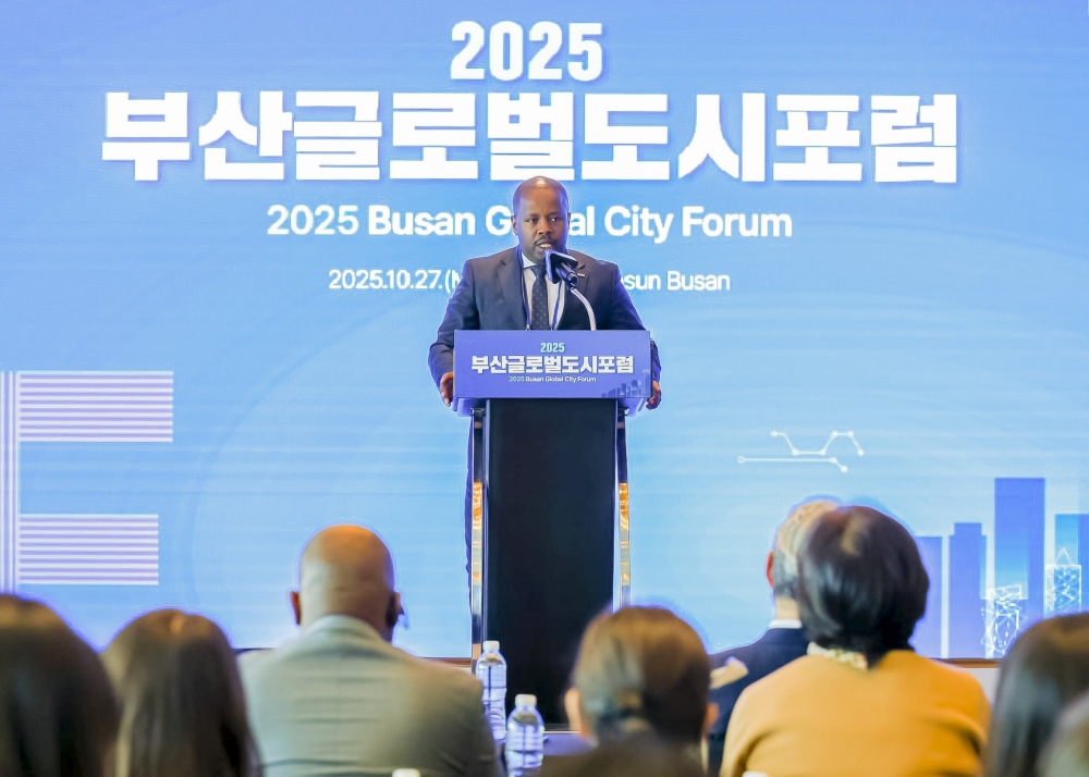 Mayor of Kigali City, Samuel Dusengiyumva,  speaks  during the 2025 Busan Global City Tourism Summit in South Korea on October 28. Courtesy