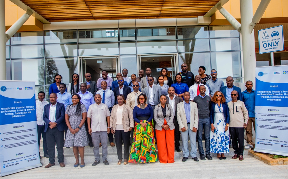 Participants pose for a group photo after a workshop on the project that  seeks to build national capacity through Training of Trainers (ToT) programmes to boost research, entrepreneurship, and innovation skills. All photos by Craish Bahizi