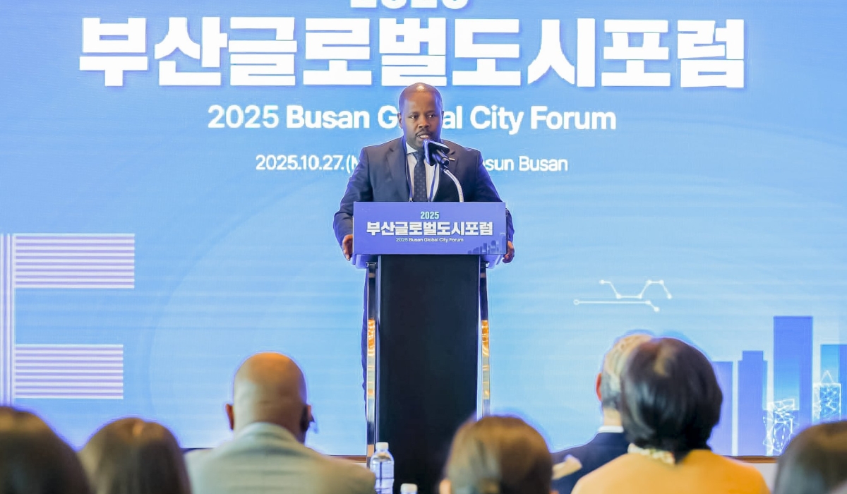 Mayor of Kigali City, Samuel Dusengiyumva,  speaks  during the 2025 Busan Global City Tourism Summit in South Korea on October 28. Courtesy