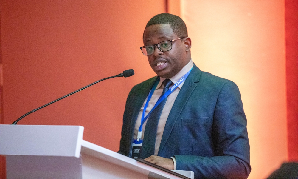 Ministry of Agriculture Permanent Secretary, Olivier Kamana, addresses delegates at  a side event of the 21st  Comprehensive Africa Agriculture Development Programme Partnership Platform.