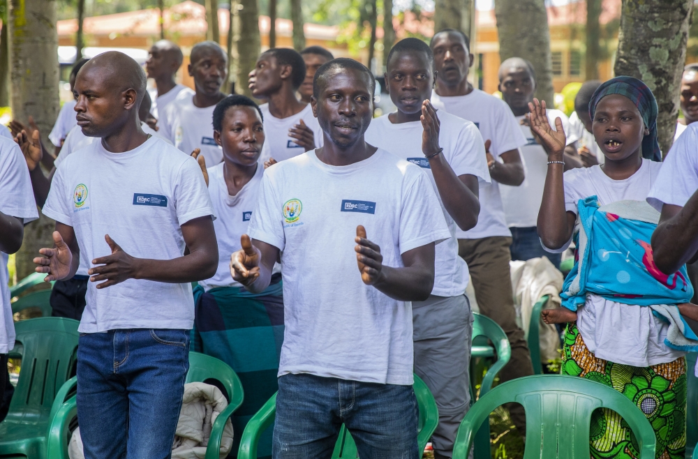 Former members of FDLR and affiliated armed groups based eastern DR Congo, undergo a civic training  at Mutobo Demobilisation Centre on April 30, 2025. Photo by Craish BAHIZI