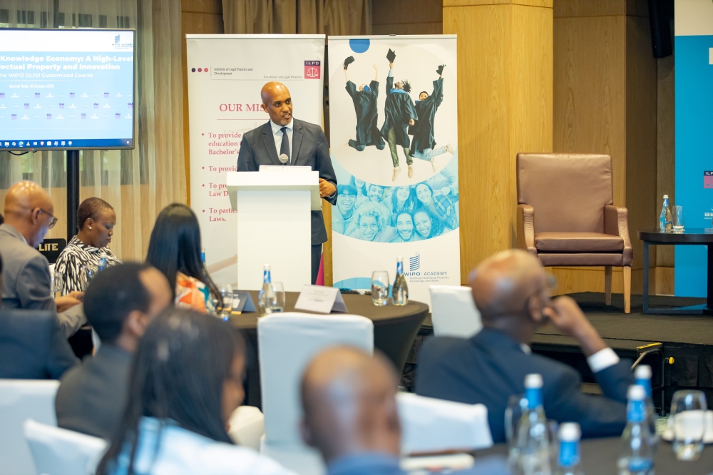 Emmanuel Ugirashebuja, the Minister of Justice, delivers a keynote speech at the launch event for ILPD intellectual property course. Courtesy photo