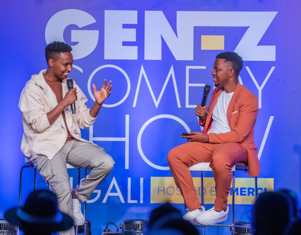 Gospel star Israel Mbonyi and Fally Merci, founder and organiser of the comedy show, during the “Meet Me Tonight” interview segment at the Gen Z Comedy Night on October 30, all photos by Craish Bahizi