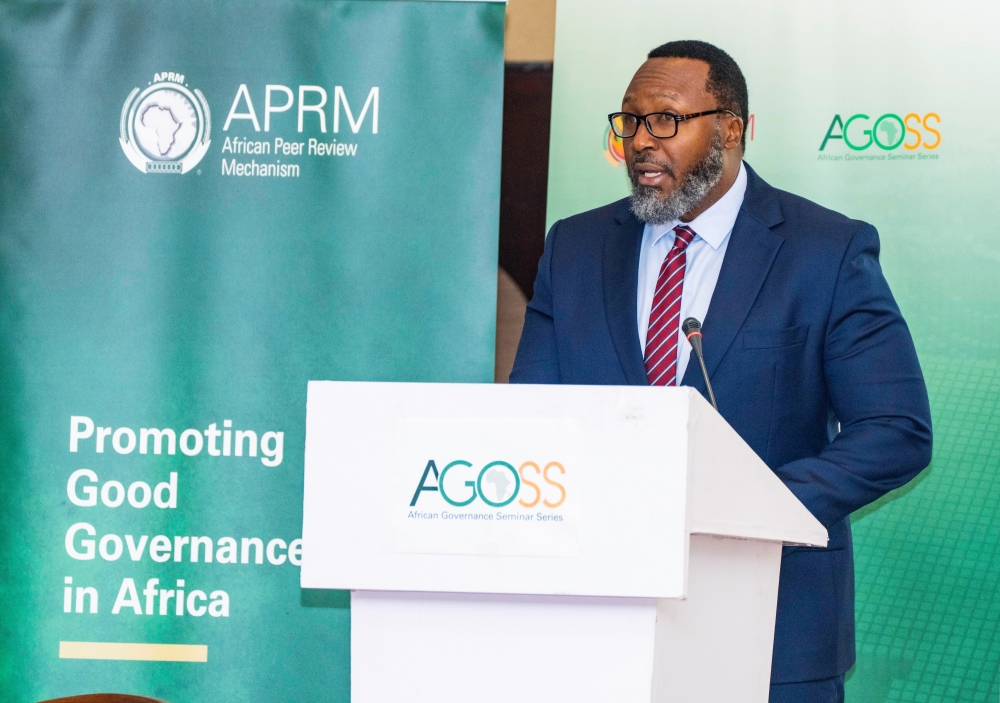 McBride Peter Nkhalamba, Director of Governance and Specialised Reporting at the African Peer Review Mechanism, delivers his remarks during the launch of the African Credit Rating Agency on October 3
