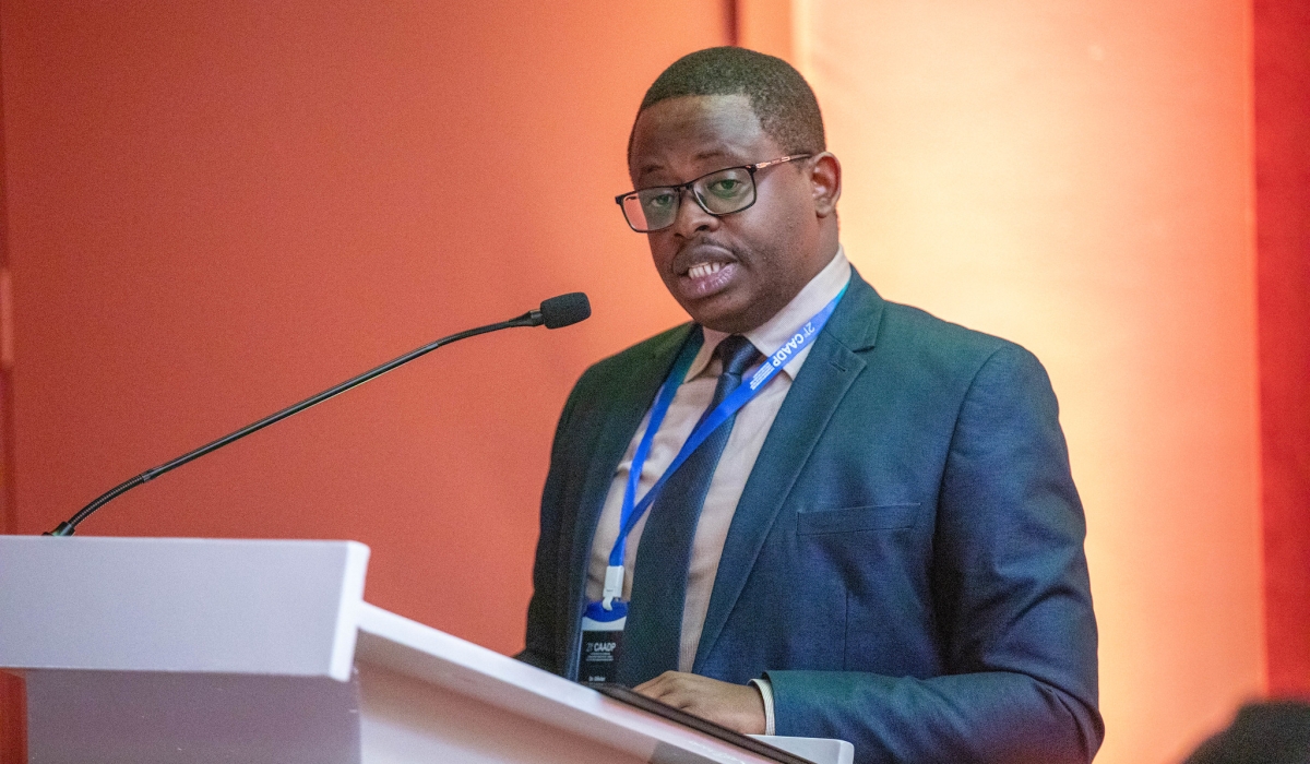 Ministry of Agriculture Permanent Secretary, Olivier Kamana, addresses delegates at  a side event of the 21st  Comprehensive Africa Agriculture Development Programme Partnership Platform.