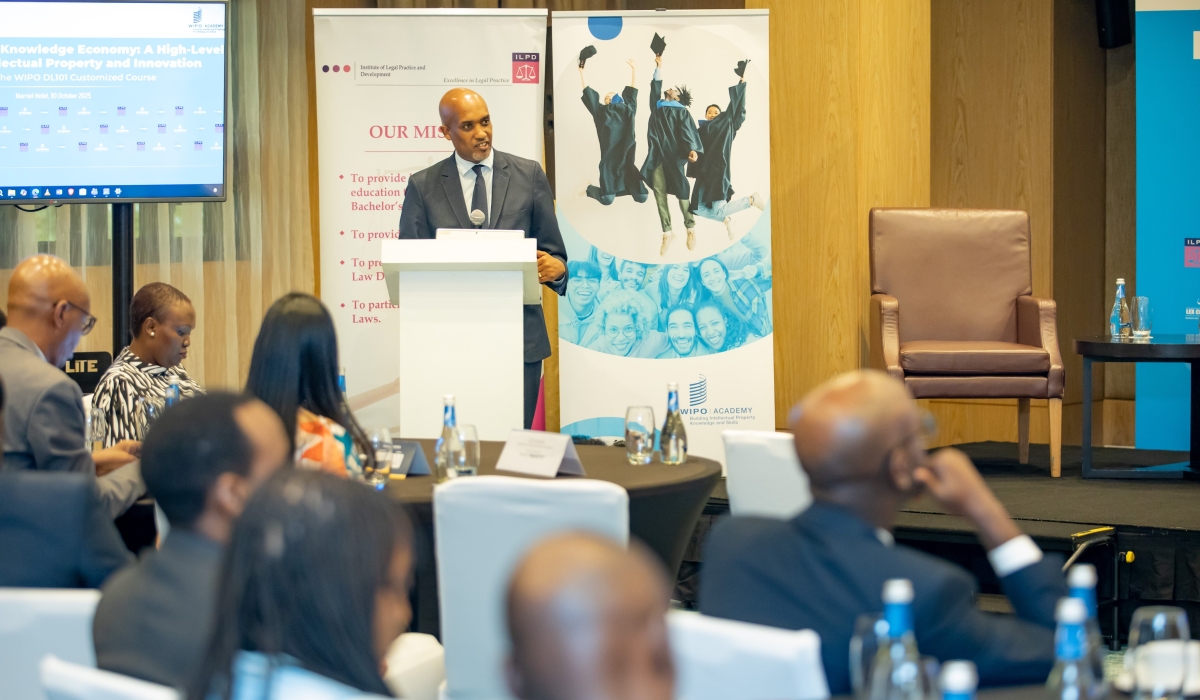 Emmanuel Ugirashebuja, the Minister of Justice, delivers a keynote speech at the launch event for ILPD intellectual property course. Courtesy photo