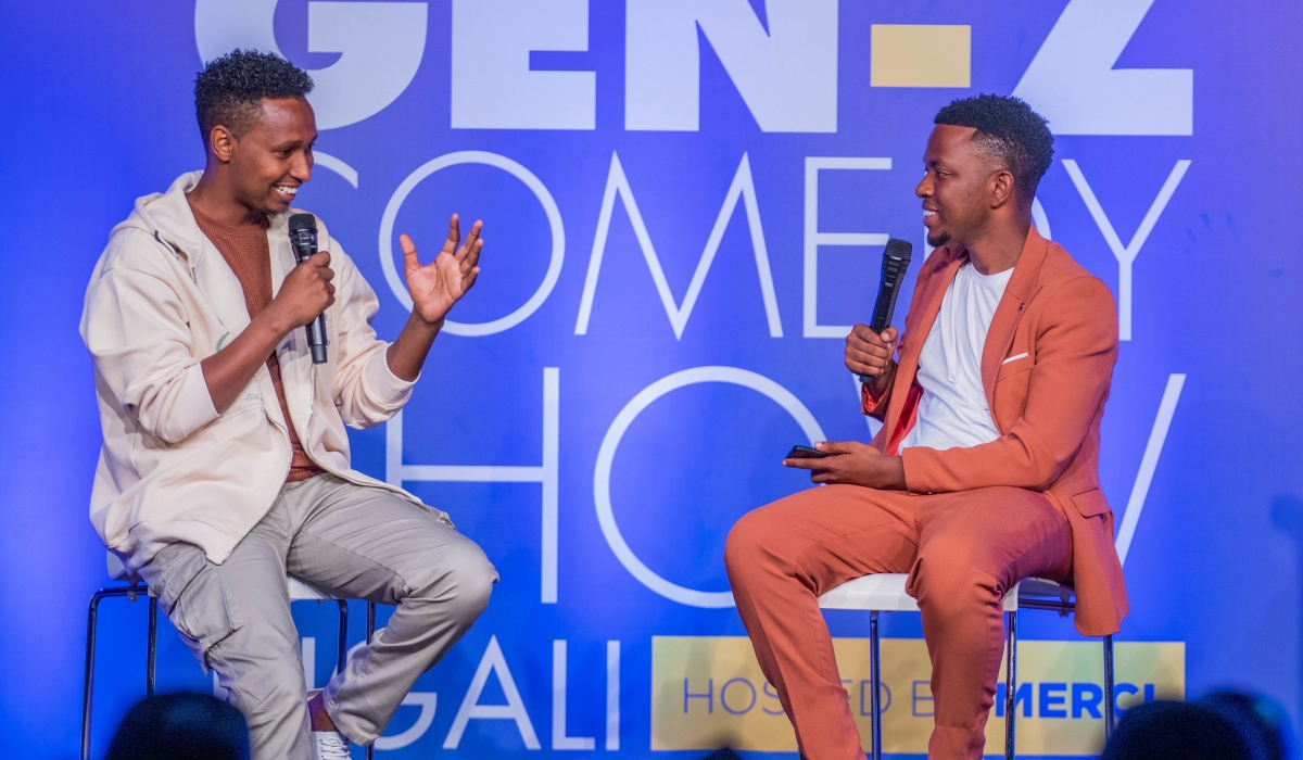 Gospel star Israel Mbonyi and Fally Merci, founder and organiser of the comedy show, during the “Meet Me Tonight” interview segment at the Gen Z Comedy Night on October 30, all photos by Craish Bahizi