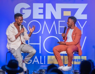 Gospel star Israel Mbonyi and Fally Merci, founder and organiser of the comedy show, during the “Meet Me Tonight” interview segment at the Gen Z Comedy Night on October 30, all photos by Craish Bahizi