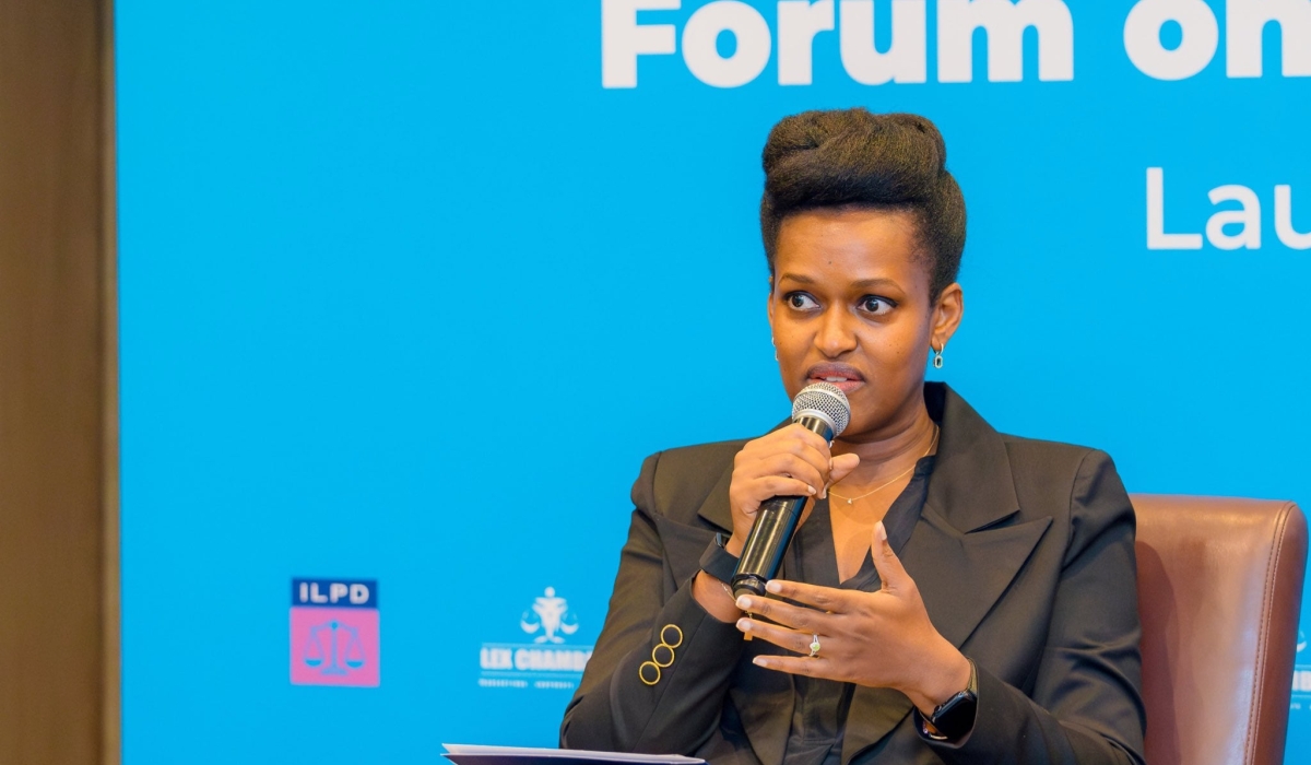 Sandrine Umutoni, Minister of State in charge of Youth and Arts, speaks during a panel discussion at the launch of the first-ever IPO intellectual property  on October 31. Courtesy