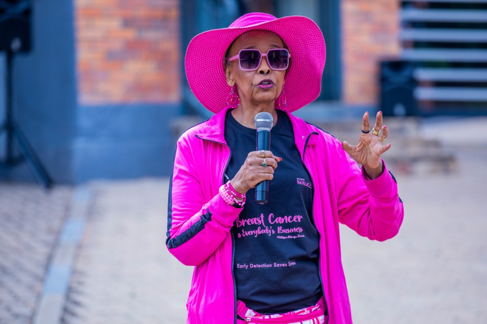 Philippa Kibugu Decuir, founder of BCIEA, speaks during the Breast Cancer Awareness campaign at Green Hills Academy in Kigali on Saturday, November 1. All photos by Craish Bahizi