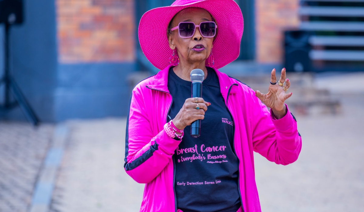 Philippa Kibugu Decuir, founder of BCIEA, speaks during the Breast Cancer Awareness campaign at Green Hills Academy in Kigali on Saturday, November 1. All photos by Craish Bahizi