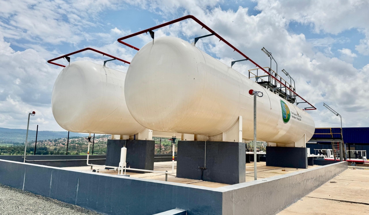 Two storage tanks, each with a capacity of over 200,000 litres (100 tonnes) of LPG, are already installed at the cooking gas depot under construction in Rusororo. Photo by Emmanuel Ntirenganya