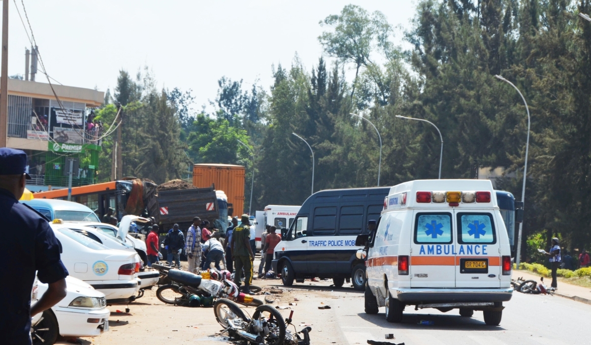 A scene from a multi-vehicle accident in Kicukiro, Kigali. A new law on accident compensation, enacted in October 2025, upholds Rwf3,000 as the minimum daily payment for victims without verifiable income. File Photo