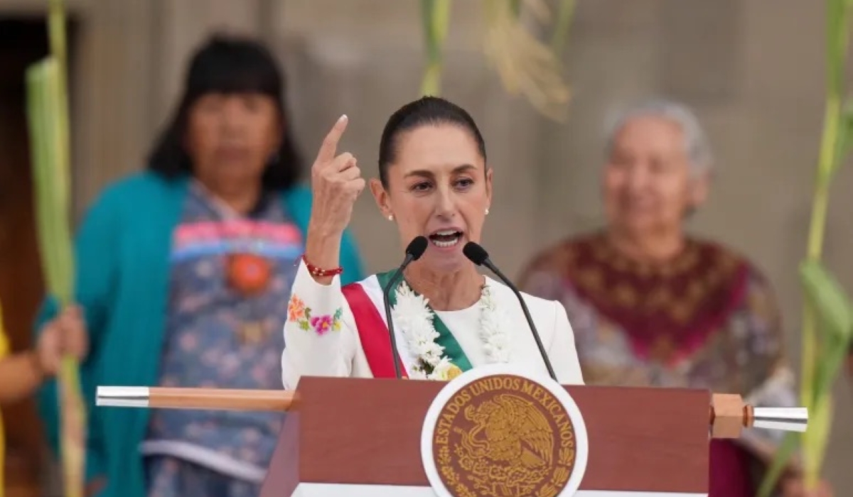 Mexican President Claudia Sheinbaum addresses supporters in the Zocalo, Mexico City's main square, in October 2024 [Fernando Llano/AP]