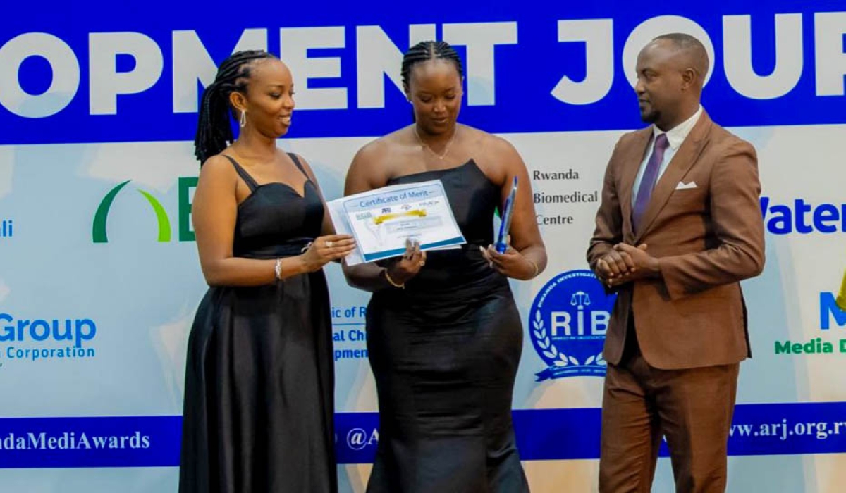Marie-Immaculée Ingabire’s family received the Lifetime Achievement Award on her behalf during the Development Journalism Awards held at the Kigali Conference and Exhibition Village on Friday, November 7. Courtesy